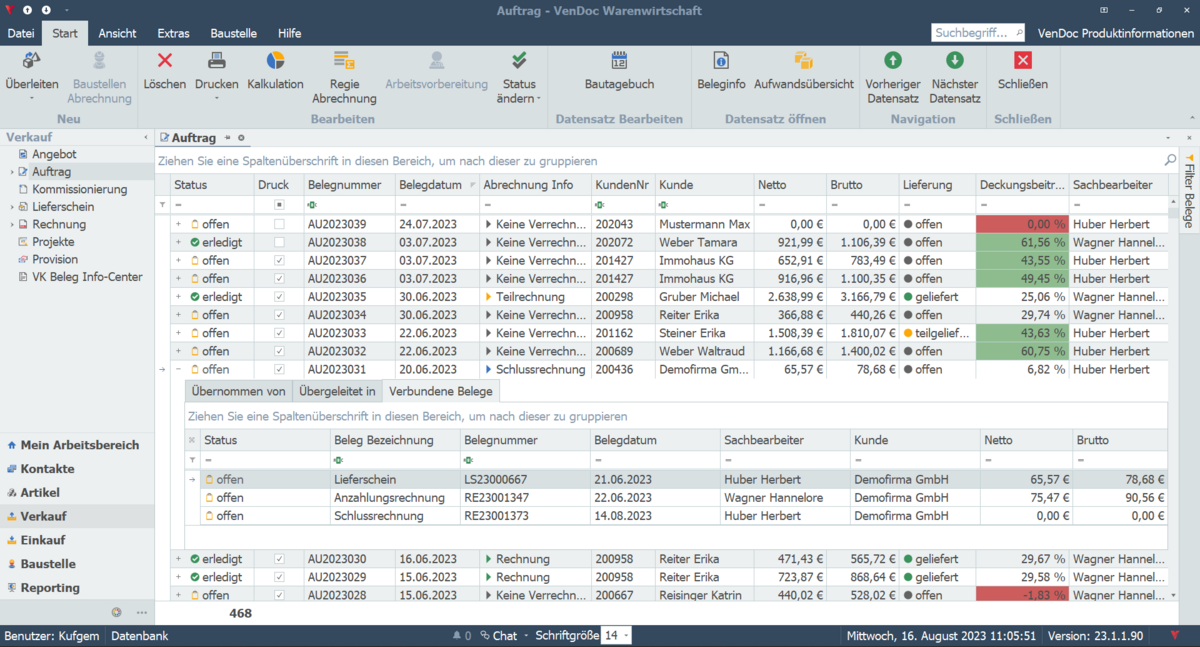 VenDoc Warenwirtschaft - Screenshot Auftragsübersicht